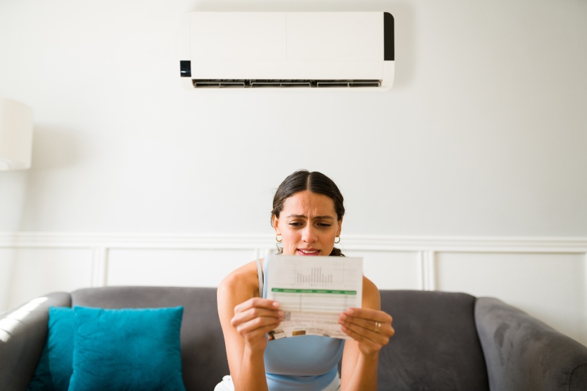 A lady reviewing a high-energy bill, emphasizing the energy-saving guide to Lower HVAC Bills